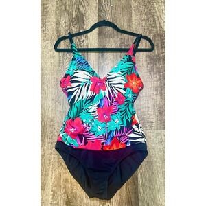 Jantzen Tropical Floral One Piece Swimsuit Women Size 8 Black Strappy‎ Back
